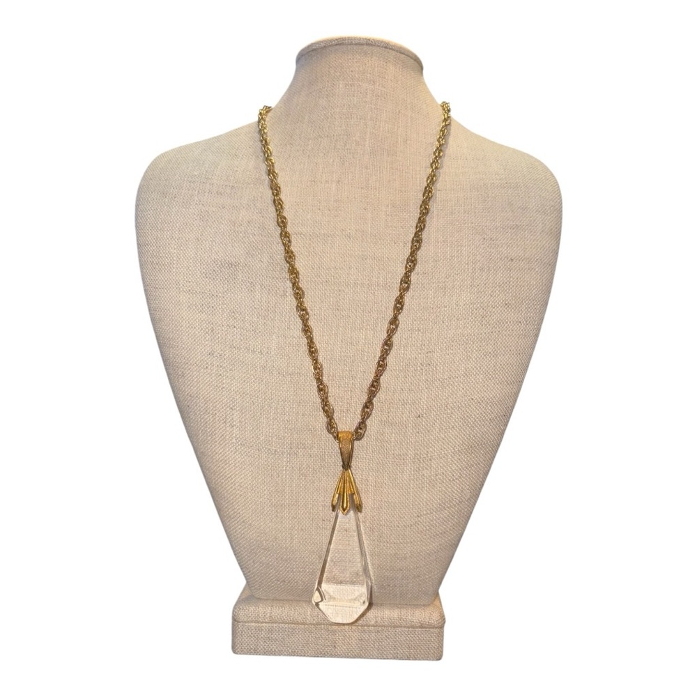 Vintage Gold-Tone Chain Necklace with Large Clear Faceted Lucite Pendant J11